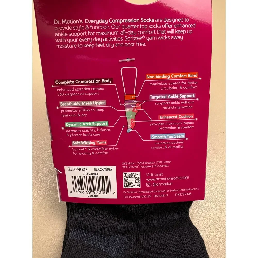 Dr. Motion Women’s Everyday Compression Quarter Socks 2 Pair Black 9-11 NIP
